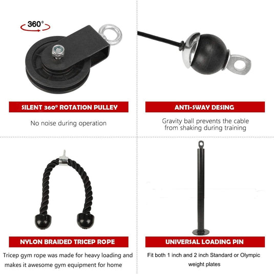 Het product "Ontdek het ultieme katrol systeem voor spierversteviging en krachttraining!" beschikt over een stille katrol die 360° kan draaien, een anti-slingerontwerpbal, met nylon gevlochten tricepstouw en een universele laadpin voor halterschijven - perfect voor uitgebreide lichaamstrainingen.