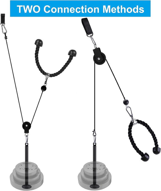 Ontdek het ultieme katrol systeem voor spierversteviging en krachttraining! Deze opstelling heeft twee verticale katrolsystemen met touwen en handgrepen. Twee gebruikelijke verbindingsmethoden worden getoond tegen een neutrale achtergrond, waarbij de professionele componenten ingrediënten worden.