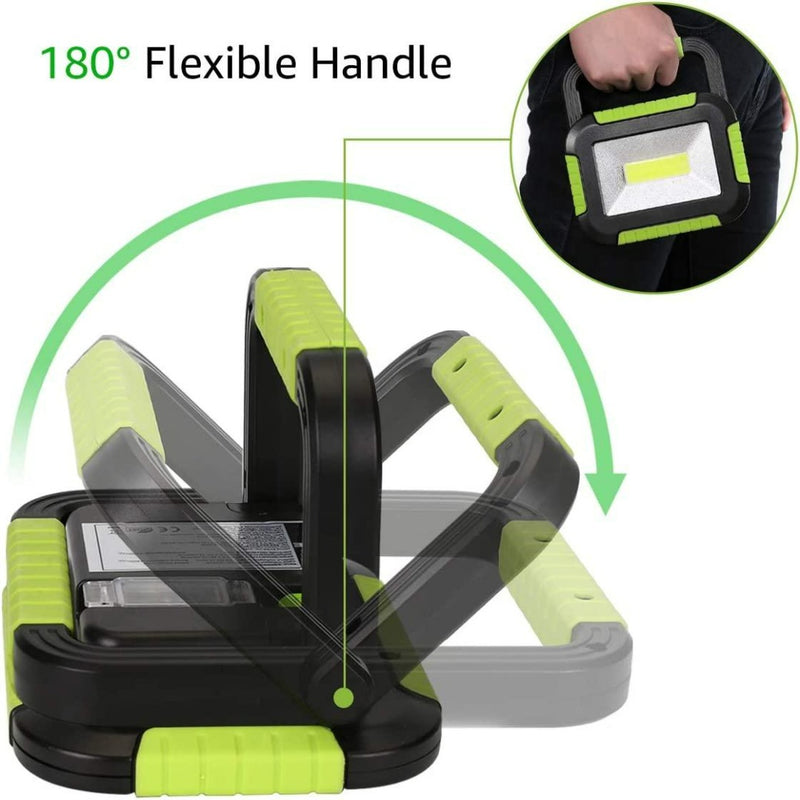 Laad afbeelding in Galerijviewer, De Draagbare campinglamp heeft een 180 graden flexibele handgreep en krachtige LED-lamp. De afbeelding toont het bewegingsbereik van de handgreep terwijl iemand hem zelfverzekerd vastpakt, waardoor deze lamp ideaal is voor taken die betrouwbare verlichting nodig hebben.
