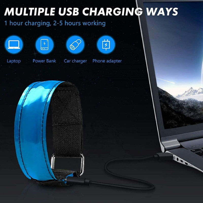 Load image into Gallery viewer, De &quot;Oplaadbare hardloop verlichting: blijf veilig en zichtbaar in het donker&quot; is een blauwe polsband die via USB op een laptop wordt aangesloten en veelzijdig opladen mogelijk maakt met laptops, powerbanks en autoladers. De LED-verlichting zorgt voor veiligheid tijdens het hardlopen. Een oplaadbeurt van 1 uur zorgt voor 2-5 uur gebruik.
