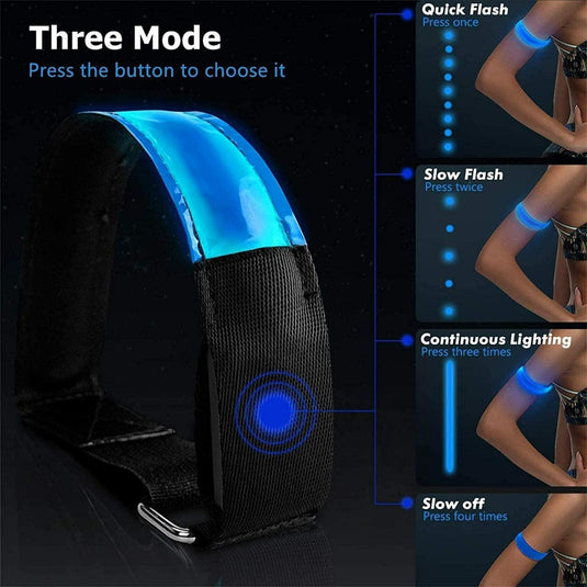 De "Oplaadbare hardloop verlichting: blijf veilig en zichtbaar in het donker" LED-armband beschikt over de modi Quick Flash, Slow Flash en Continuous Lighting. Ideaal voor de veiligheid tijdens het hardlopen, het verbetert de zichtbaarheid door verschillende lichtmodi op iemands armen te demonstreren.