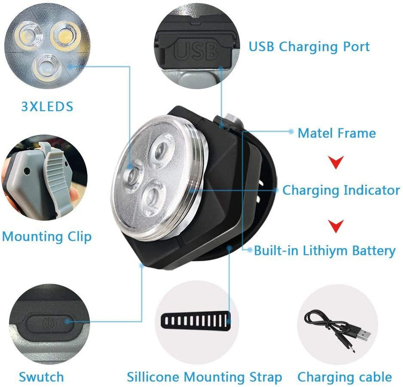 Load image into Gallery viewer, Diagram van de &quot;Verlicht je pad, verken de nacht&quot; koplamp met de volgende kenmerken: 3 LED&#39;s, een USB-poort, metalen frame, oplaadindicator, lithiumbatterij voor lange batterijduur, montageclip, schakelaar, behuizing siliconen band en oplaadkabel. Ideaal voor opblaasbare LED-fietsverlichting.
