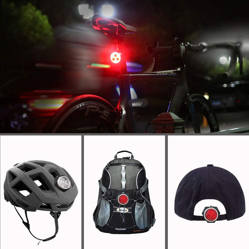 Load image into Gallery viewer, In een donkere straat belooft een fiets met een rood achterlicht en afbeeldingen van de oplaadbare LED-fietsverlichting van Verlicht je pad, bevestigd aan een helm, rugzak en pet, veilige ritten onder alle weersomstandigheden met zijn waterdichte behuizing en lange batterijduur.
