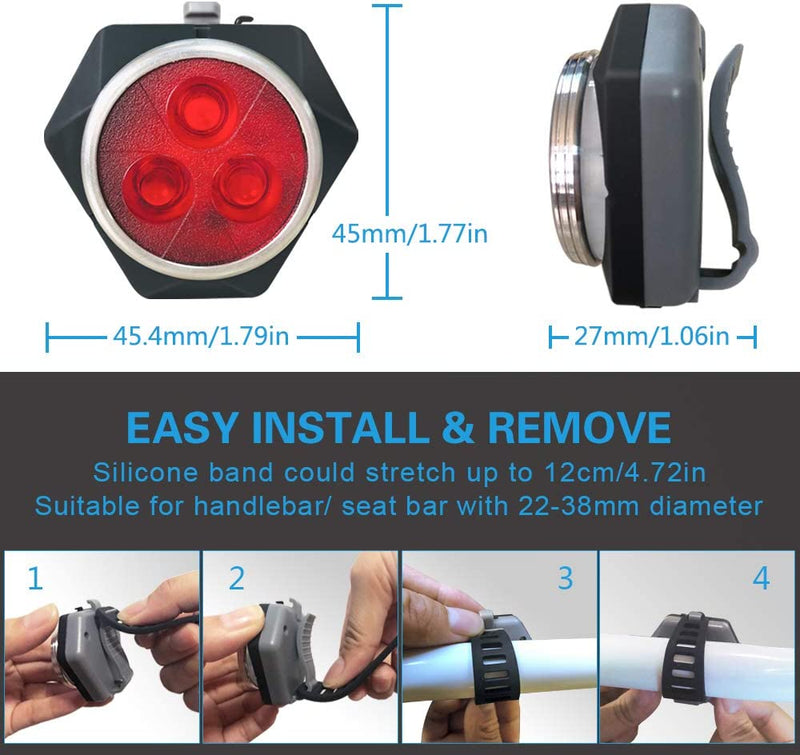 Load image into Gallery viewer, Fietsachterlicht met montage-instructies: &quot;Verlicht je pad, verken de nacht&quot; is voorzien van rode LED-lampjes en een siliconen band voor stuur of zadelpen (22-38mm). Afmetingen: 45,4x45mm voor, 27mm zijkant. Geniet van een lange batterijduur voor langere ritten.
