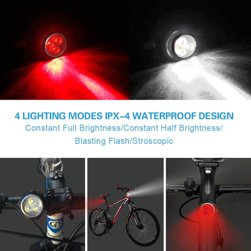 Load image into Gallery viewer, De &quot;Verlicht je pad, verken de nacht&quot; oplaadbare LED-fietsverlichting biedt quattro verlichtingsmodi zoals constante volledige en halve helderheid, krachtige flits en stroboscopisch. De IPX-4 waterdichte behuizing zorgt voor een lange batterijduur voor gebruik onder alle weersomstandigheden.
