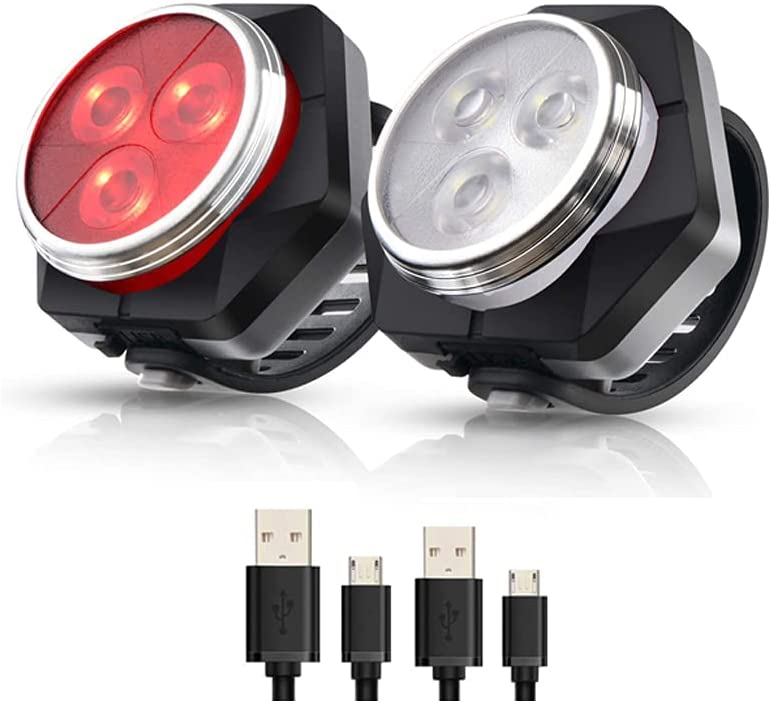 Load image into Gallery viewer, De &quot;Verlicht je pad, verken de nacht&quot; oplaadbare LED-fietsverlichting bestaat uit twee lampjes (rood en wit), elk met drie LED&#39;s in een waterdichte behuizing op zwarte houders, plus twee USB-oplaadkabels. Ideaal voor wie fietsverlichting nodig heeft met een lange batterijduur.
