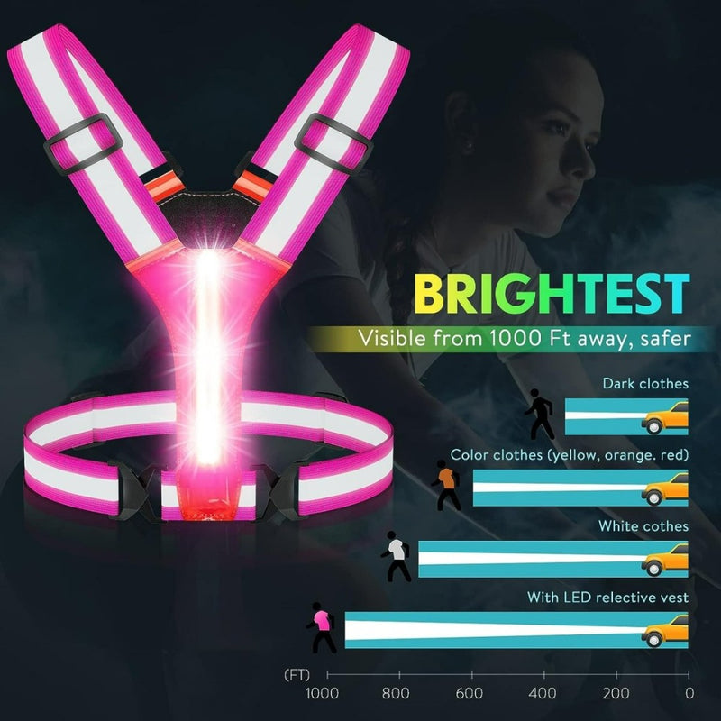 Laad afbeelding in Galerijviewer, Het LED-reflecterend hardloopvest gloeit roze met krachtige LED-verlichting, wat zorgt voor zichtbaarheid vanaf 1000 voet en biedt 360 graden reflectie voor verbeterde veiligheid over verschillende kledingtypes. Afbeelding toont een persoon die het vest draagt.
