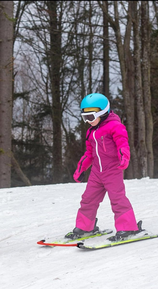 Load image into Gallery viewer, Een kind, gekleed in een roze skipak en een blauwe helm, leert veilig skiën op een besneeuwde helling omgeven door bomen. Het is een prachtig voorbeeld van de wonderen van &#39;Leer je kinderen skiën met deze skitipconnector&#39;.
