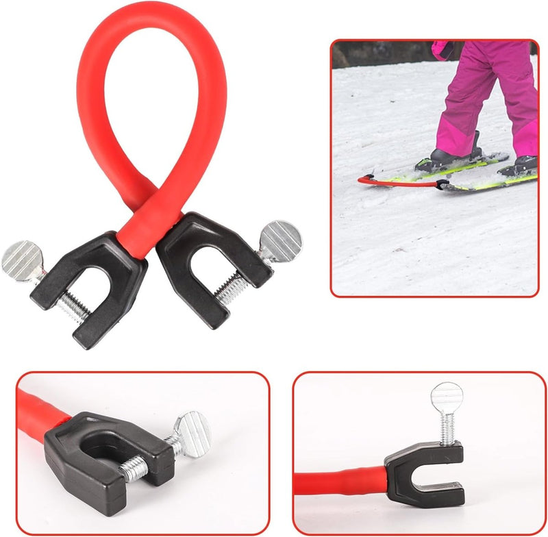 Load image into Gallery viewer, De &quot;Leer je kinderen skiën met deze skitipconnector&quot; is een rode skitrainingsklem voor kinderen met verstelbare schroeven. Het helpt de skipositie te behouden, perfect voor kinderen die leren skiën, en bevat inzetstukken met gebruiksdemonstraties en close-ups op besneeuwde achtergronden.
