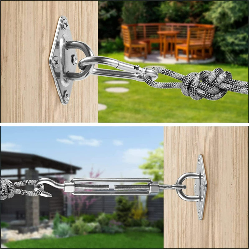 Load image into Gallery viewer, Close-up van een touw vastgebonden aan roestvrijstalen beslag op hout, met tuinmeubelen op de achtergrond, en nog een weergave van &quot;Verleiding in de schaduw: De ultieme luifelbevestigingset voor een zorgeloze zomer&quot; spanner die het touw vasthoudt.
