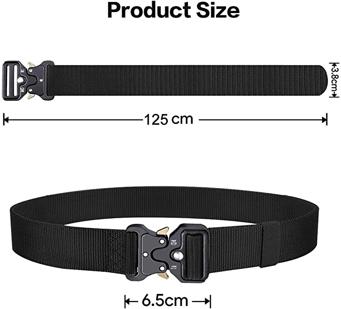 Laad afbeelding in Galerijviewer, Zwarte verstelbare Tactische riem voor mannen met een stevige Cobra gesp, getoond in twee aanzichten. Gemaakt van duurzaam 1000D nylon, meet 125 cm lang, 3,8 cm breed en de gesp is 6,5 cm breed - ideaal voor degenen die op zoek zijn naar de ultieme riem voor avontuur en duurzaamheid.
