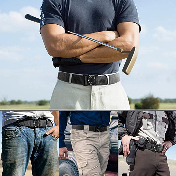 Laad afbeelding in Galerijviewer, Een persoon houdt een golfclub vast, terwijl drie kleinere afbeeldingen individuen tonen die de &quot;Tactische riem voor mannen: De ultieme riem voor avontuur en duurzaamheid&quot; dragen, gemaakt van 1000D nylon en Cobra gesp, perfect gecombineerd met jeans, cargobroeken en een uniform.
