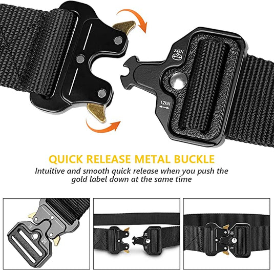 De Tactische riem voor mannen heeft een Cobra gesp en metalen quick-release gesp, weergegeven in verschillende weergaven om het intuïtieve ontwerp en de gouden accenten te benadrukken. Gemaakt van duurzaam 1000D nylon, combineert deze riem naadloos functie en stijl voor ultiem avontuur en duurzaamheid.