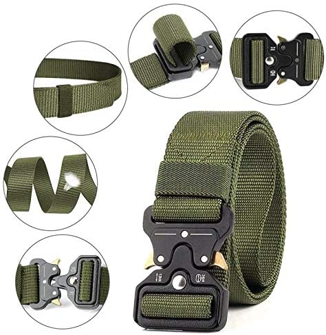 Laad afbeelding in Galerijviewer, De &quot;Tactische riem voor mannen: De ultieme riem voor avontuur en duurzaamheid&quot; is een groene riem gemaakt van 1000D nylon, met een zwarte Cobra gesp en verstelbare lussen. Het bevat gedetailleerde close-upafbeeldingen.

