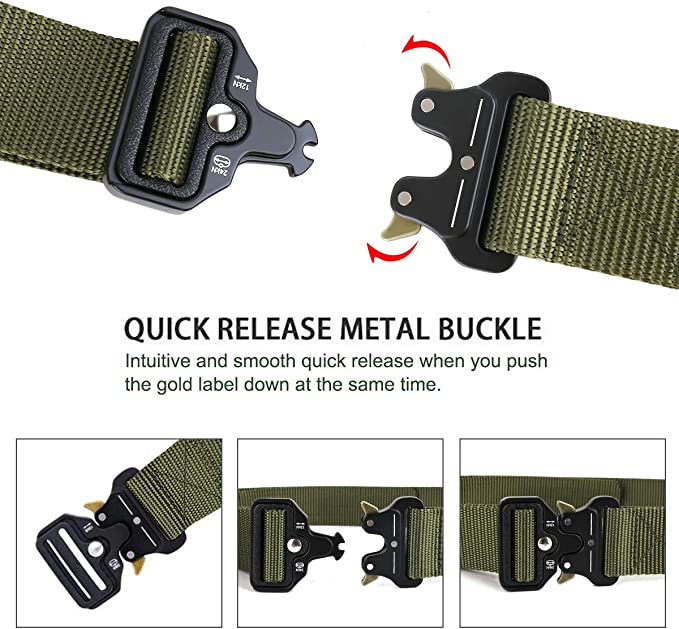 Laad afbeelding in Galerijviewer, Een close-up van de Tactische riem voor mannen toont een groene 1000D nylon band met een zwarte quick-release metalen gesp. Instructies tonen hoe je een gouden label indrukt om los te maken, met drie afbeeldingen die het efficiënte, tactische ontwerp van de Cobra gesp demonstreren.
