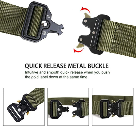 Een close-up van de Tactische riem voor mannen toont een groene 1000D nylon band met een zwarte quick-release metalen gesp. Instructies tonen hoe je een gouden label indrukt om los te maken, met drie afbeeldingen die het efficiënte, tactische ontwerp van de Cobra gesp demonstreren.