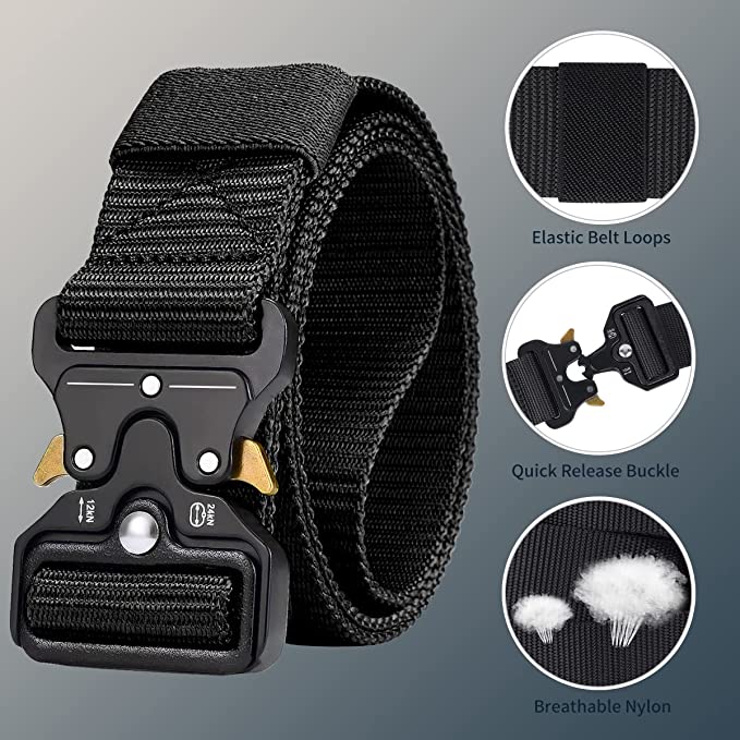 Laad afbeelding in Galerijviewer, De &quot;Tactische riem voor mannen: De ultieme riem voor avontuur en duurzaamheid&quot; is gemaakt van duurzaam 1000D nylon, voorzien van een Cobra gesp voor snelle ontgrendeling, elastische riemlussen en ademend materiaal.

