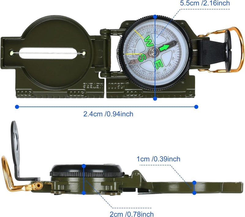 Load image into Gallery viewer, Maak kennis met de Marskompas, een onmisbaar hulpmiddel voor avontuurlijke wandelaars. Dit groene kompas in militaire stijl (5,5 cm x 2,4 cm x 2 cm) is lichtgewicht en heeft een betrouwbare naald, vouwmechanisme en een vizierlens voor nauwkeurige navigatie op elk avontuur.

