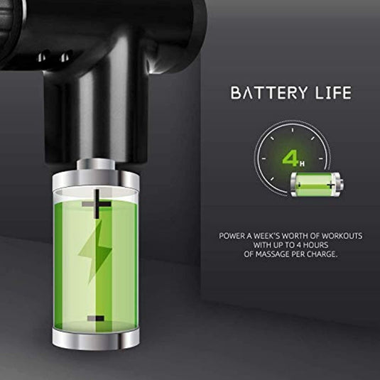Een groene, volledig opgeladen batterij-indicator markeert de batterijduur van vier uur van het massagepistool, ideaal voor ultieme ontspanning en het verlichten van spierpijn met het "Massagepistool: Ontspan spieren, verlichte stress en geniet van diepe ontspanning!.