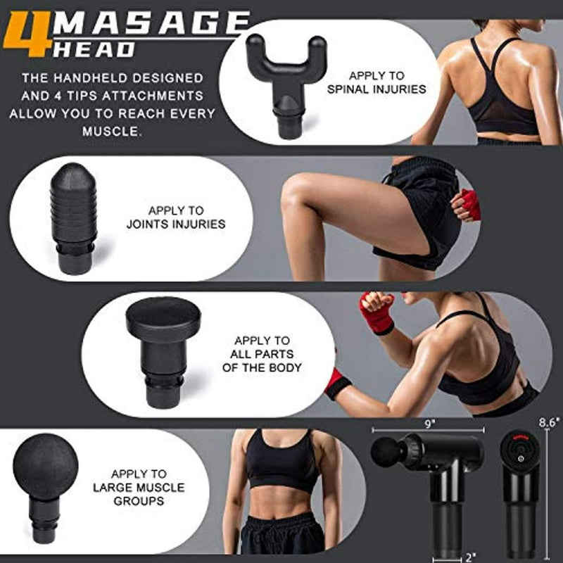 Load image into Gallery viewer, Deze afbeelding toont de &quot;Massage gun: Ontspan spieren, verlicht stress en geniet van diepe ontspanning!&quot;, uitgerust met vier verwisselbare koppen voor het richten op specifieke gebieden zoals ruggenmergletsel, gewrichten, grote spieren en algemene lichaamsdelen. Perfect voor het verlichten van spierpijn met gedetailleerde afmetingen.

