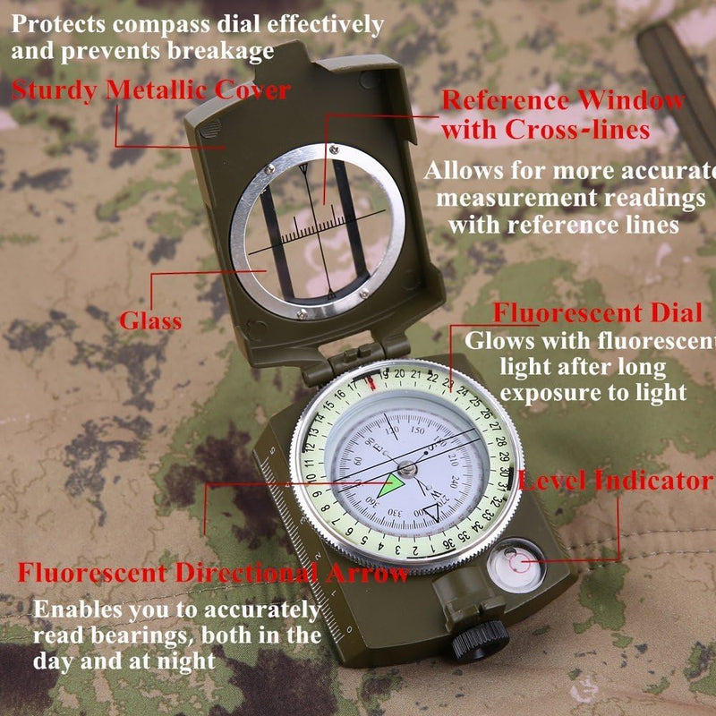 Laad afbeelding in Galerijviewer, Een open Militair marskompas: de ultieme gids voor buitenactiviteiten ligt op camouflagestof en benadrukt het robuuste en duurzame ontwerp met kenmerken als een stevig deksel, referentievenster, fluorescerende wijzerplaat en pijl, glas en waterpasindicator voor nauwkeurige oriëntatie.
