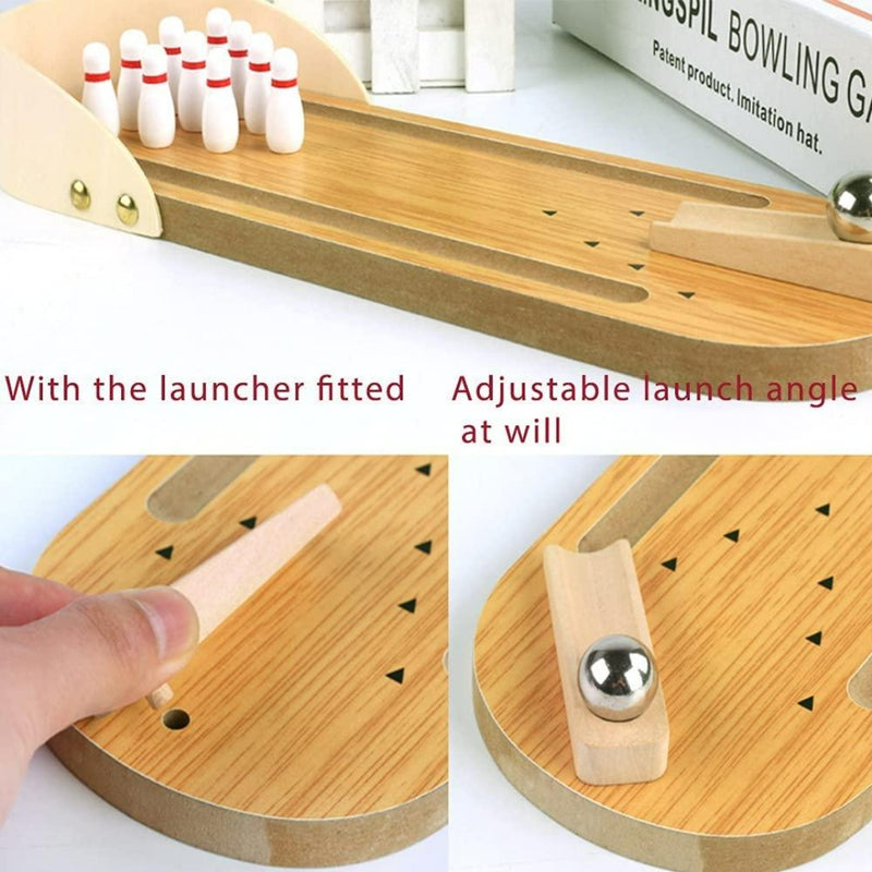 Load image into Gallery viewer, Ervaar authentiek bowlen met onze mini houten bowlingset, met witte pinnen, een metalen bal en een verstelbare plunger. Perfect als stijlvolle tafeldecoratie in elke ruimte!.
