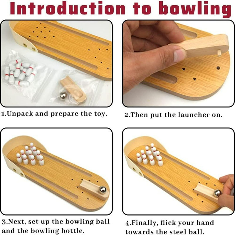Load image into Gallery viewer, Volg deze vier stappen voor onze mini houten bowlingset: uitpakken, launcher bevestigen, pins en bal opzetten en flicken om te spelen. Ervaar een authentieke bowlingervaring terwijl het ook dienstdoet als stijlvolle tafeldecoratie. Geniet van de sensatie van bowlen aan je eigen tafel met ons product!.
