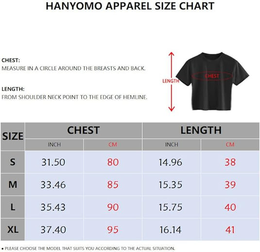 Hanyomo maattabel voor Seamless dames fitness crop top toont borst en lengte in zowel inches als centimeters voor S, M, L en XL. Ideaal om uw pasvorm te vinden met 4-way stretchstof en versleten stof. Inclusief meetrichtlijnen voor nauwkeurigheid.