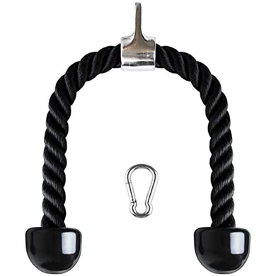 Dit duurzame zwarte nylon triceps touw, met rubberen uiteinden en een centrale haak, bevat een metalen clip voor fitnessapparatuur. Als een essentieel kabelmachine accessoire is ons product perfect om uw workout routine te verbeteren en indrukwekkende spiergroei te bereiken!.