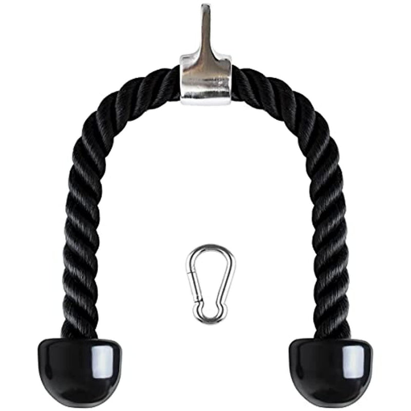 Load image into Gallery viewer, Dit duurzame zwarte nylon triceps touw, met rubberen uiteinden en een centrale haak, bevat een metalen clip voor fitnessapparatuur. Als een essentieel kabelmachine accessoire is ons product perfect om uw workout routine te verbeteren en indrukwekkende spiergroei te bereiken!.
