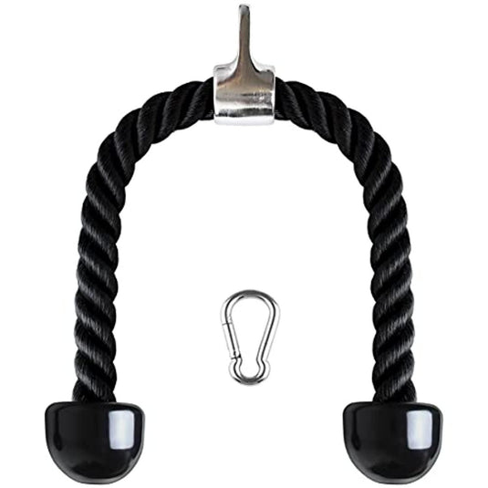 Dit duurzame zwarte nylon triceps touw, met rubberen uiteinden en een centrale haak, bevat een metalen clip voor fitnessapparatuur. Als een essentieel kabelmachine accessoire is ons product perfect om uw workout routine te verbeteren en indrukwekkende spiergroei te bereiken!.