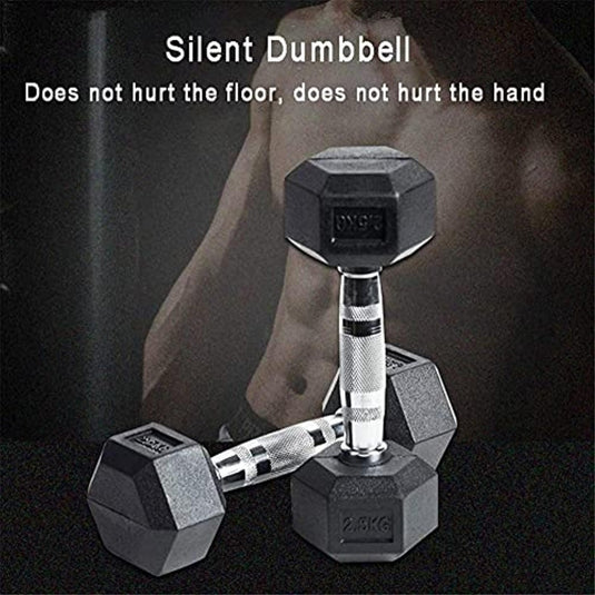 Een paar zwarte zeshoekige dumbbells met chromen handvatten, genaamd "Silent Dumbbell", hebben een zeshoekig ontwerp om vloeren en handen te beschermen. Gemaakt met een milieuvriendelijke PVC-coating, ideaal voor liefhebbers van 'Weerstandstraining halsters: De ultieme tool voor krachttraining.