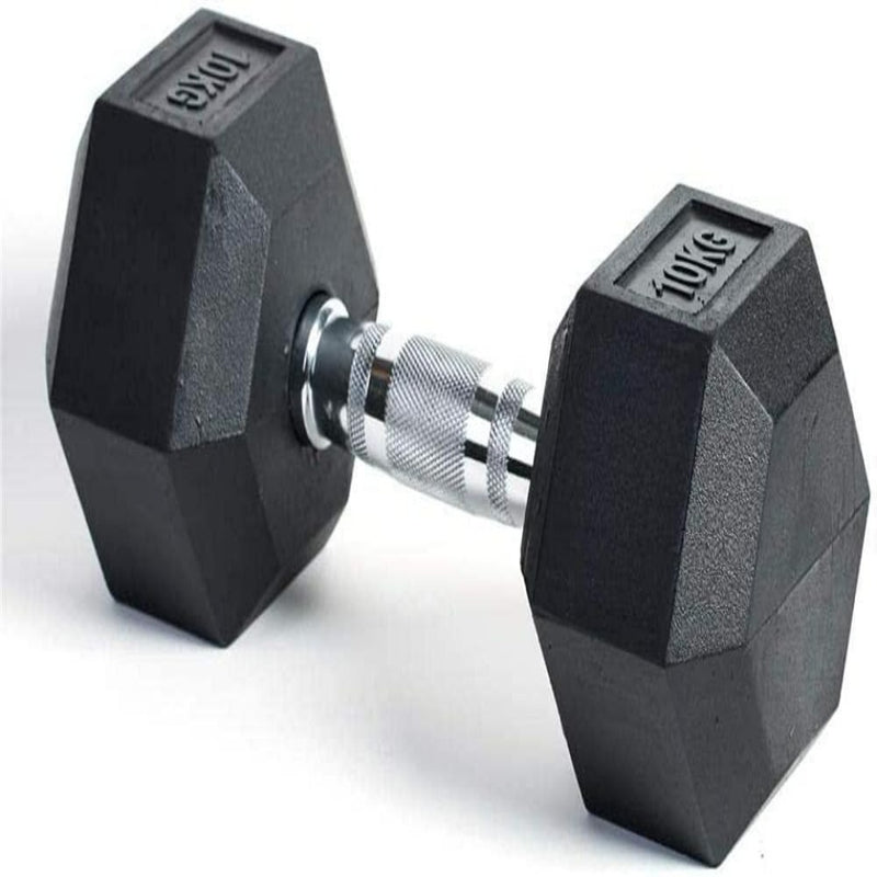 Load image into Gallery viewer, De &quot;Weerstandstraining halsters: De ultieme tool voor krachttraining&quot; bestaat uit een zwarte zeshoekige halter met een getextureerd zilveren handvat en milieuvriendelijke PVC-coating, geplaatst tegen een witte achtergrond.
