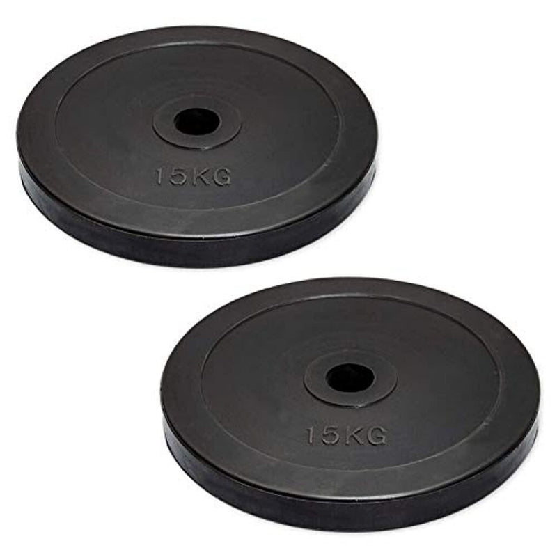 Load image into Gallery viewer, Twee zwarte rubberen halterschijven van 15 kg, perfect voor gebruik met Olympische Bars, uit onze &quot;Versterk je training met onze zware gewicht platen van rubber!&quot; lijn, naast elkaar geplaatst.
