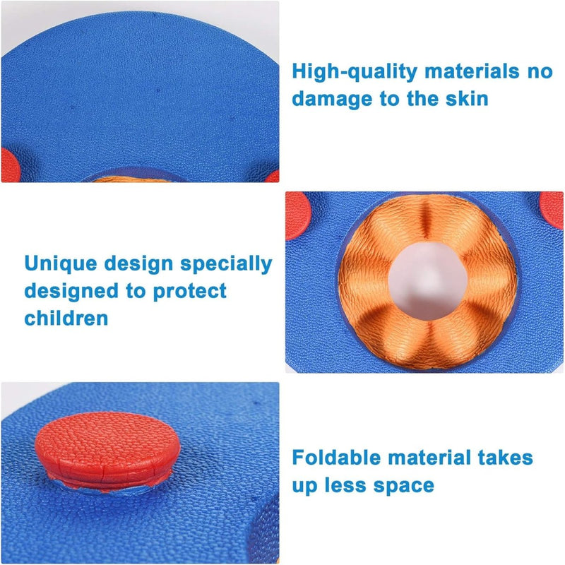 Load image into Gallery viewer, Close-up van &quot;Ontdek de magie van onze ronde zwembandjes!&quot; in blauw en oranje met rode knopen, wat het huidveilige, kindbeschermende, opvouwbare ontwerp benadrukt. Gemaakt van milieuvriendelijk EVA-materiaal met veiligheidswaarschuwingskleuren voor extra veiligheid.
