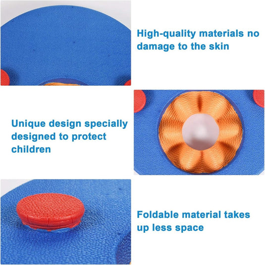 Close-up van "Ontdek de magie van onze ronde zwembandjes!" in blauw en oranje met rode knopen, wat het huidveilige, kindbeschermende, opvouwbare ontwerp benadrukt. Gemaakt van milieuvriendelijk EVA-materiaal met veiligheidswaarschuwingskleuren voor extra veiligheid.