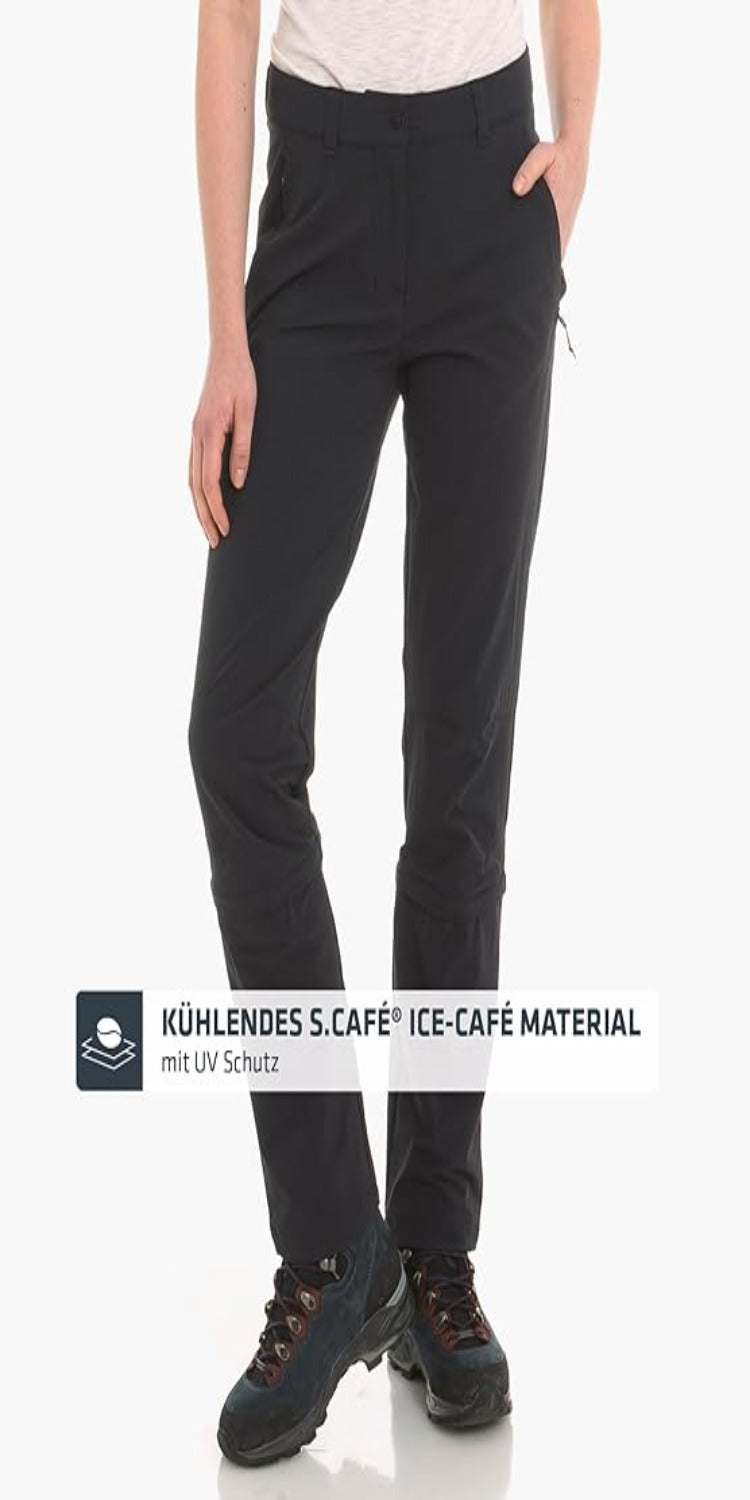 Laad afbeelding in Galerijviewer, Een persoon die de &quot;Ontdek de perfecte wandelbroek voor dames - Zwart&quot; draagt, staat tegen een witte achtergrond. De tekst benadrukt het verkoelende S.Café® Ice-Café-materiaal, dat UV-bescherming biedt en 4-way stretch voor superieur comfort.
