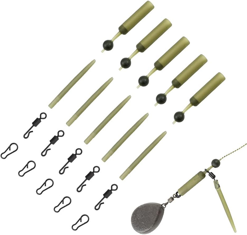 Load image into Gallery viewer, De &quot;Ontdek de ultieme karpervissen rig set voor een succesvolle uitkomst!&quot; bevat visaccessoires zoals veiligheidsloodclips, haken, wartels, lood en kralen gerangschikt op een witte achtergrond.
