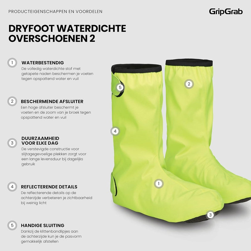Laad afbeelding in Galerijviewer, De &quot;Regenoverschoenen voor fietsers: blijf droog en stijlvol&quot; zijn felgroene overschoenen met waterbestendigheid, duurzame bescherming en een beschermende afdichting. Ze zijn voorzien van reflecterende details en klittenbandsluiting voor de veiligheid, met het merk GripGrab in de rechterbovenhoek.
