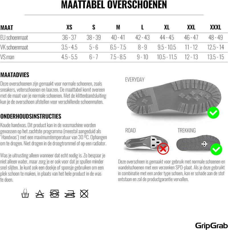 Laad afbeelding in Galerijviewer, Bekijk onze maattabel en richtlijnen voor Regenoverschoenen voor fietsers, verkrijgbaar in EU-, VK- en VS-maten. Bevat verzorgingstips met illustraties voor alledaagse en weg-/trekkingoverschoenen. Een zoolpatroondiagram biedt extra bescherming aan de onderkant.

