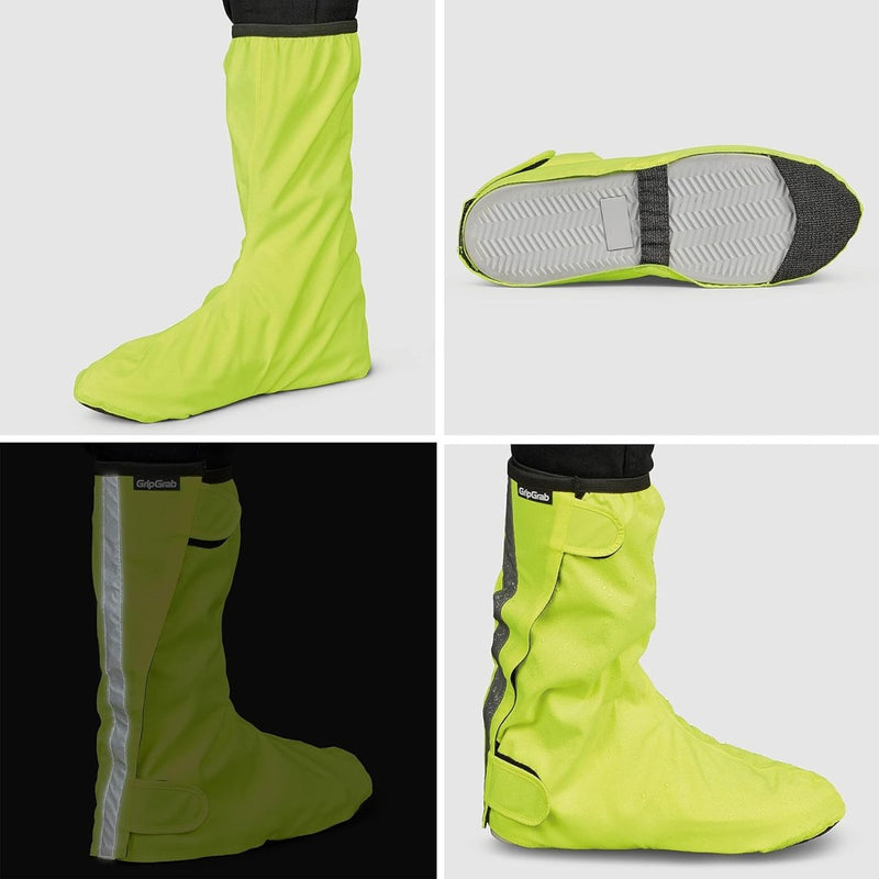 Laad afbeelding in Galerijviewer, Vier afbeeldingen van neon gele &quot;Regenoverschoenen voor fietsers: blijf droog en stijlvol&quot;: vooraanzicht, zoolaanzicht, zijaanzicht in het donker met reflecterende strook en zijaanzicht met klittenbandsluiting. Deze waterdichte laarzenhoezen bieden uitstekende bescherming tijdens regenachtige ritten.
