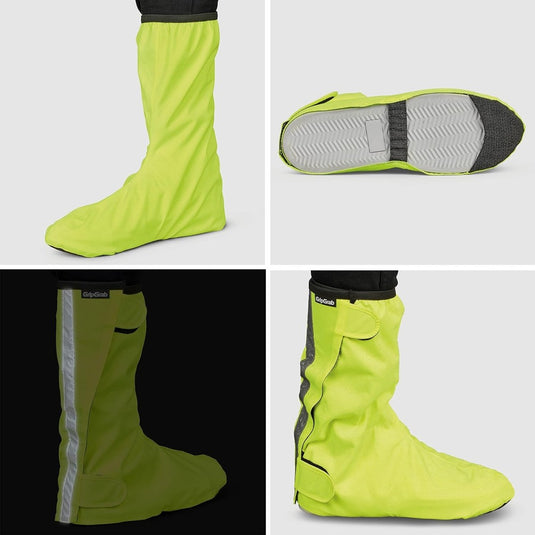 Vier afbeeldingen van neon gele "Regenoverschoenen voor fietsers: blijf droog en stijlvol": vooraanzicht, zoolaanzicht, zijaanzicht in het donker met reflecterende strook en zijaanzicht met klittenbandsluiting. Deze waterdichte laarzenhoezen bieden uitstekende bescherming tijdens regenachtige ritten.