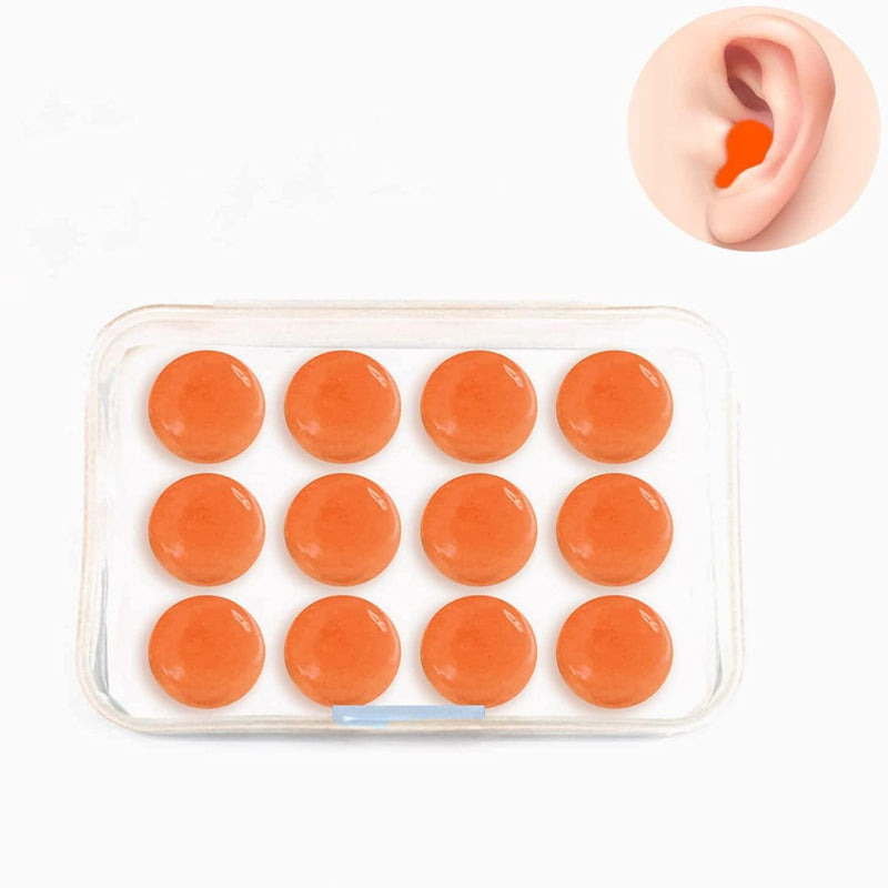 Laad afbeelding in Galerijviewer, In een plastic doosje passen 12 ronde, oranje oorpatches voor geluidsreductie. Een afbeelding toont een siliconenpleister op een oor, perfect om de slaap te verbeteren met &quot;Geniet van een goede nachtrust met onze slaapoordoppen voor het slapen.
