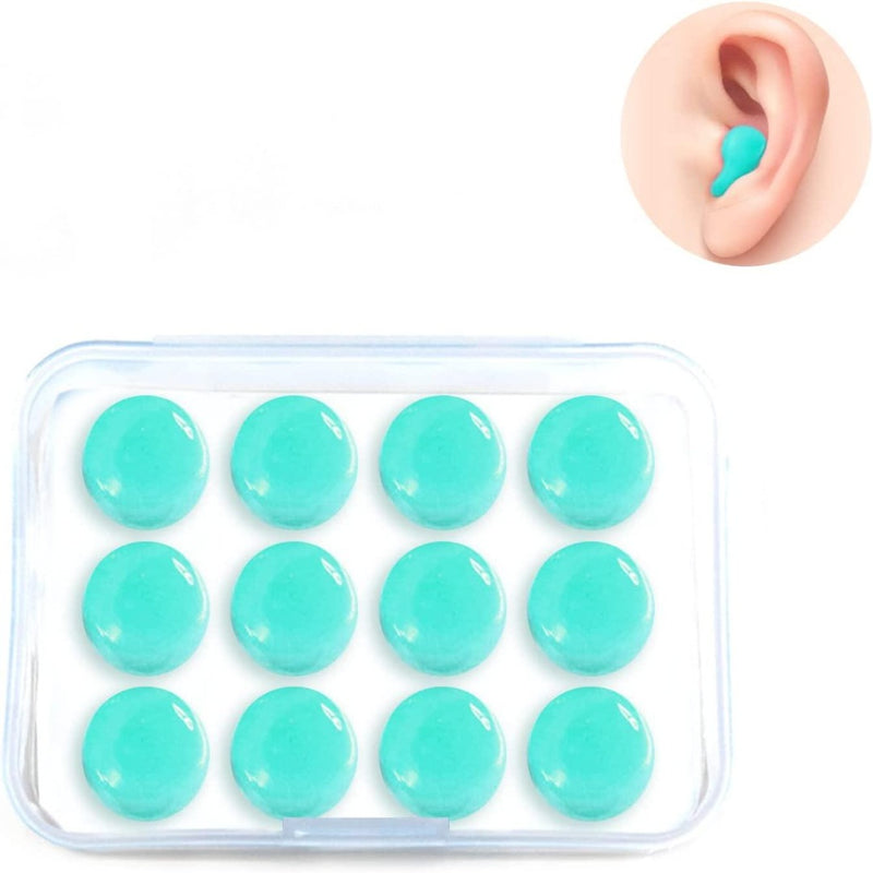 Laad afbeelding in Galerijviewer, Een doorzichtig plastic hoesje met 12 turquoise siliconen oordopjes ontworpen voor optimale ruisonderdrukking. Een kleine afbeelding toont een exemplaar dat in een oor wordt geplaatst voor een rustgevende slaapervaring. Product: Geniet van een goede nachtrust met onze slaapoordoppen voor het slapen.
