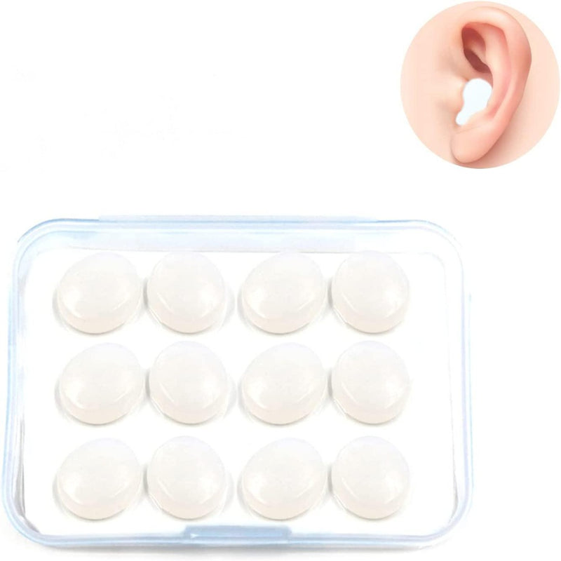 Laad afbeelding in Galerijviewer, Er wordt een doorzichtig plastic doosje met tien witte oordopjes voor geluidsreductie getoond. Een inzetafbeelding toont een witte siliconen oordopje in een oor, ideaal voor gebruik als &quot;Geniet van een goede nachtrust met onze slaapoordoppen voor het slapen.
