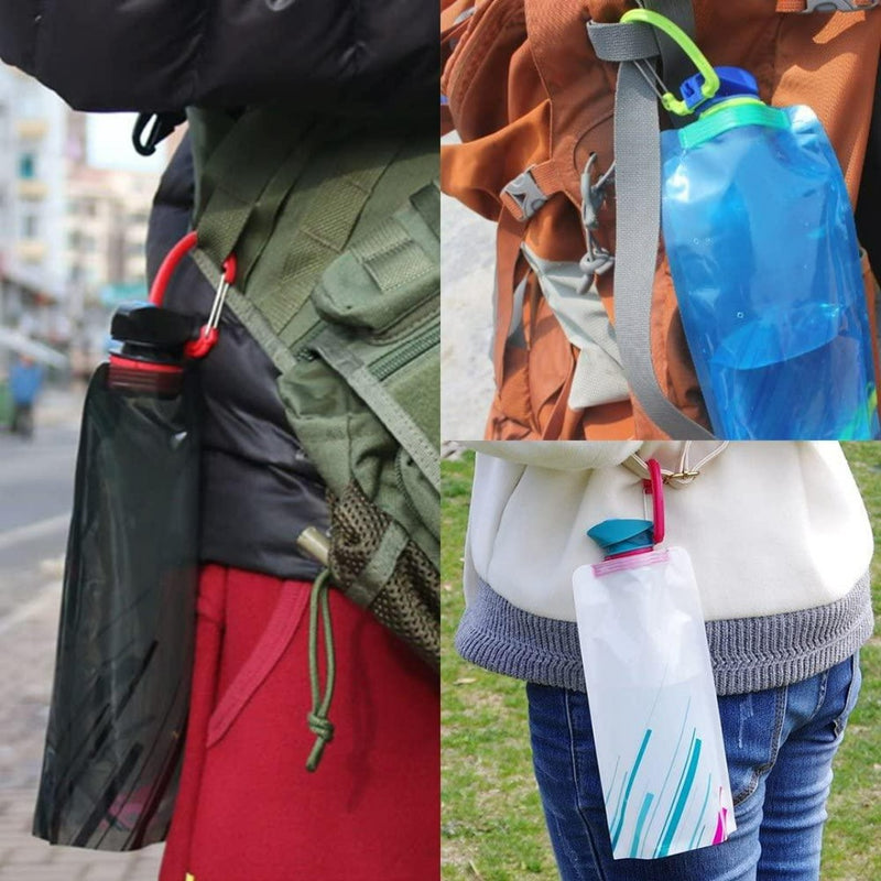 Laad afbeelding in Galerijviewer, Drie afbeeldingen tonen rugzakken met de set van drie &quot;Ontdek de ultieme reisgenoot: Onze opvouwbare waterflessen&quot;, elk in een andere kleur, vastgezet met clips voor duurzame hydratatie onderweg.
