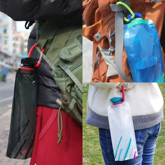 Drie afbeeldingen tonen rugzakken met de set van drie "Ontdek de ultieme reisgenoot: Onze opvouwbare waterflessen", elk in een andere kleur, vastgezet met clips voor duurzame hydratatie onderweg.