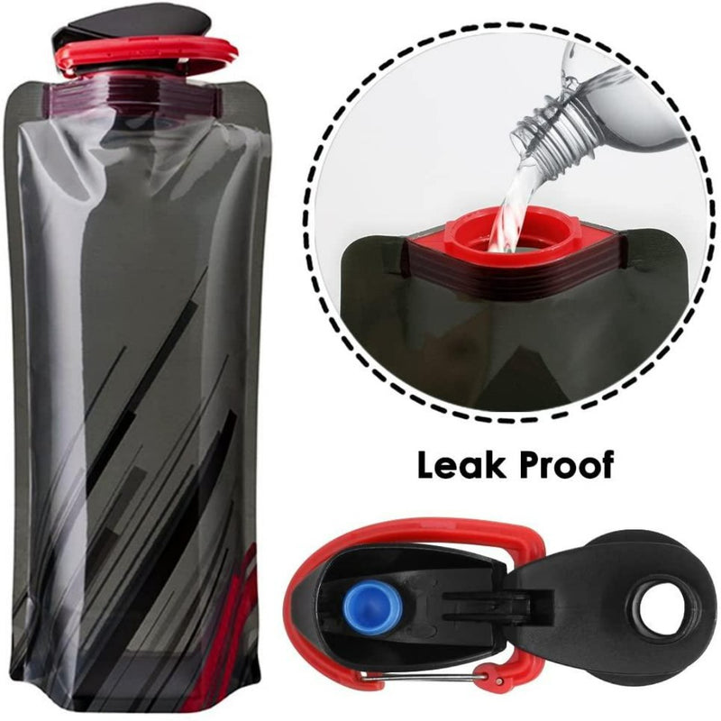Laad afbeelding in Galerijviewer, Ontdek de ultieme reisgenoot: onze opvouwbare waterflessenset van 3! Deze zwarte en rode kunststof fles heeft een uitloop en dop en wordt getoond met een afbeelding die het lekvrije, BPA-vrije ontwerp voor duurzame hydratatie illustreert.
