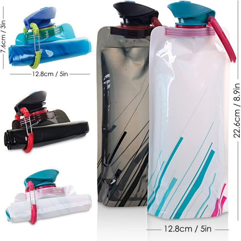 Laad afbeelding in Galerijviewer, Onze BPA-vrije, opvouwbare waterflessenset biedt duurzame hydratatie in blauw, zwart en wit met grafisch ontwerp. Ze hebben een flip-top deksel, karabijnhaak en zijn beschikbaar in opgerolde en staande vormen. Afmetingen worden weergegeven. Ontdek de ultieme reisgenoot!.

