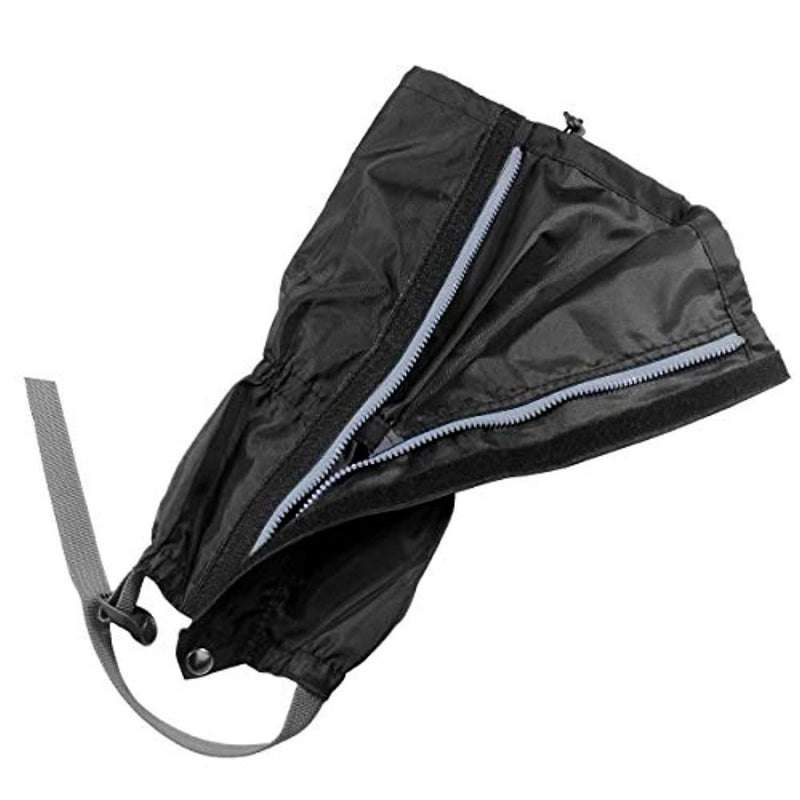 Load image into Gallery viewer, Blijf droog en comfortabel tijdens buitenactiviteiten met zwarte gaiters met rits, een elastisch trekkoord en een grijze band. Deze waterdichte accessoires, genaamd &quot;Gaiters: Bescherm je benen tijdens je outdooravonturen&quot;, zijn perfect voor je avonturen.
